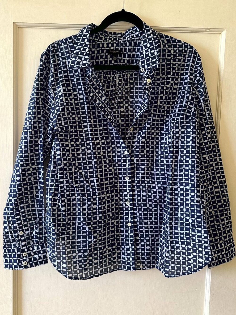 Talbots Petites XLP Navy Blue Shibori Print Button Down Shirt 100% Cotton Top